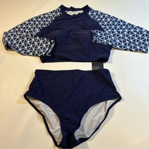 NWT Pinup Fashion Size‎ L Dark Blue Bikini Cropped Rash Guard W Printed Sleeves